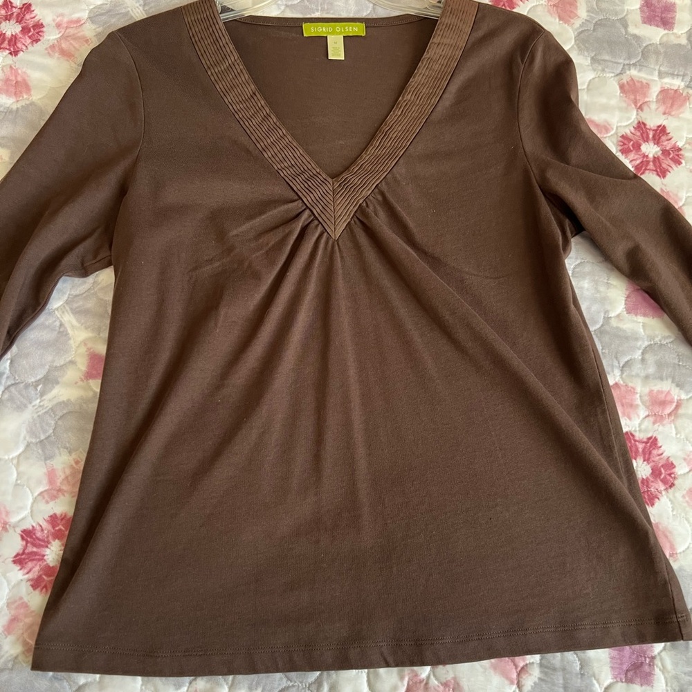 Sigrid Olsen Brown V-Neck 100% Cotton Long Sleeve Top Women’s Medium - Picture 2 of 8